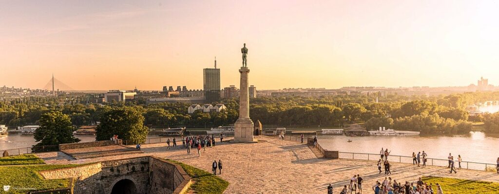 Pobednik, a monument at the Belgrade Fortress, panoramic view from Kalemegdan park